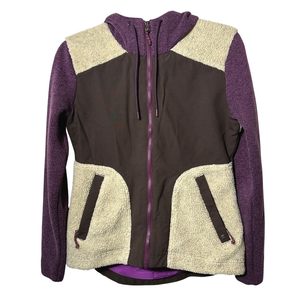 Title Nine Sherpa Beaten Path Zip Front Hooded Jacket XS Purple‎ Cream Brown